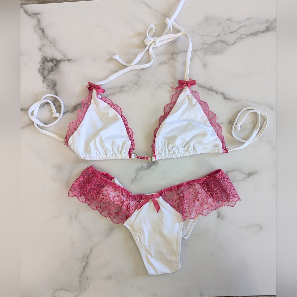 Beach Bunny White and Pink Lace Bikini rare